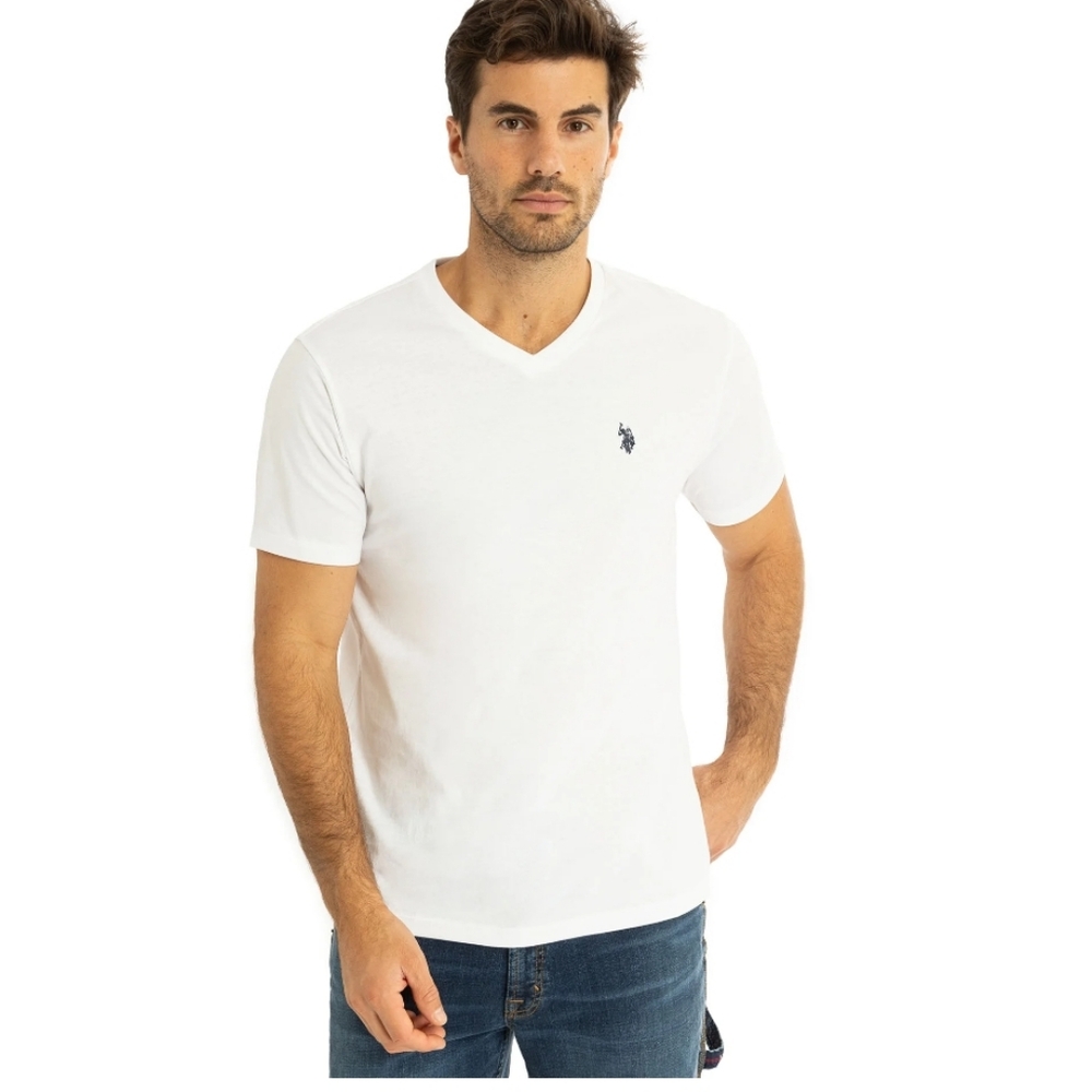 NWT U.S POLO ASSN. MEN XL & 2XL WHITE‎ SS TEE LOGO V-NECK SHIRT